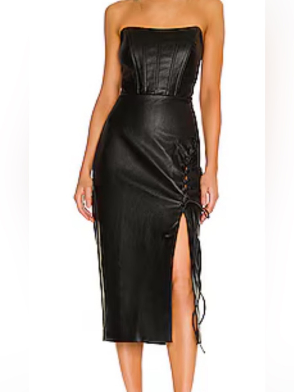 NBD Black Lace-Up Faux Leather Midi Dress
